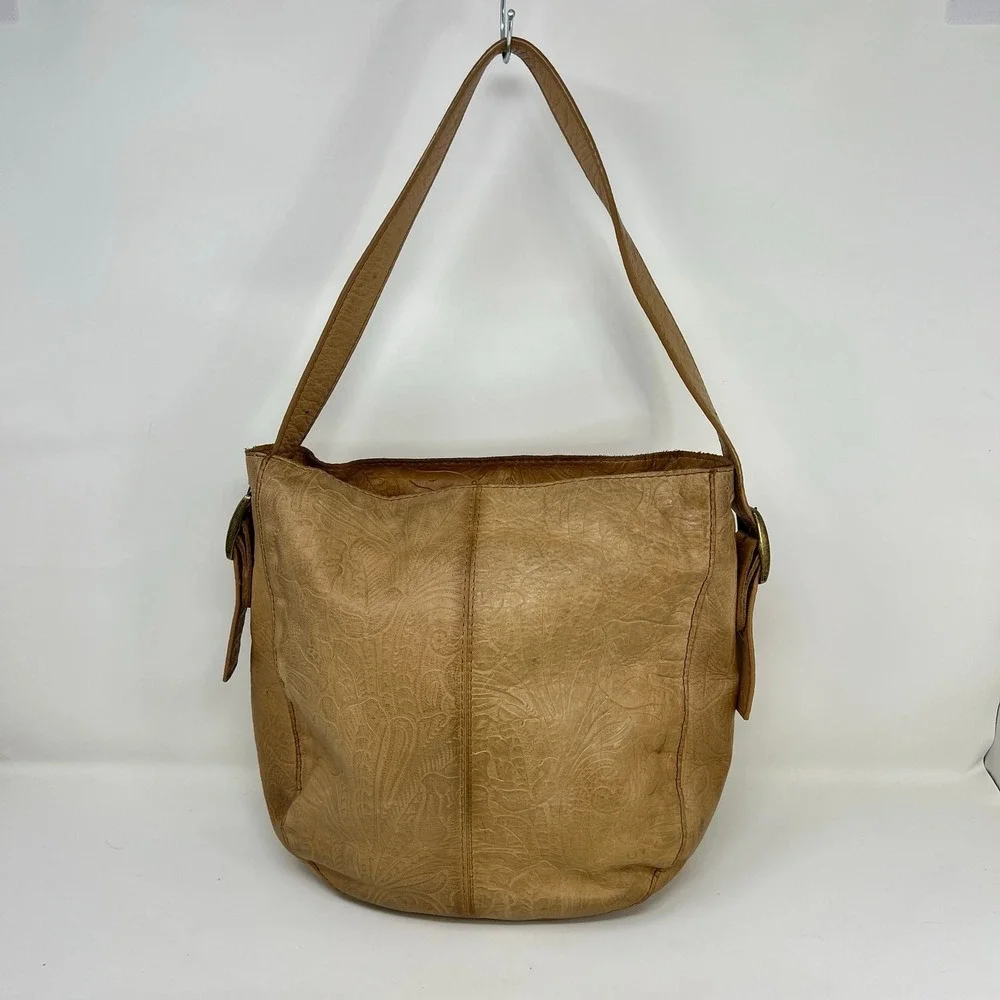 American Leather Co Embossed Leather Shoulder Bag Tan Brown Hobo Tote Purse
